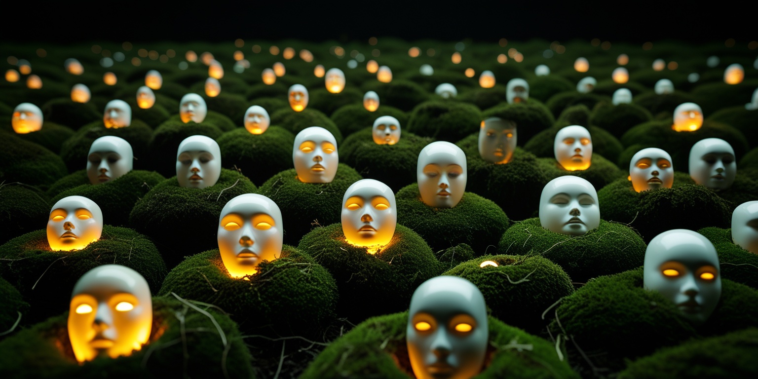 A dark field holding many small glowing synthetic faces, each nested in its own hollow