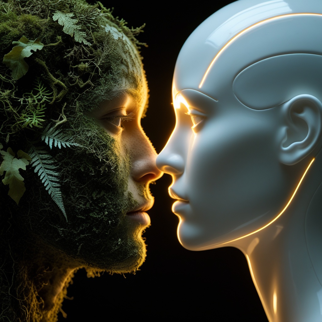 A moss face and a porcelain synthetic face suspended in darkness, almost touching