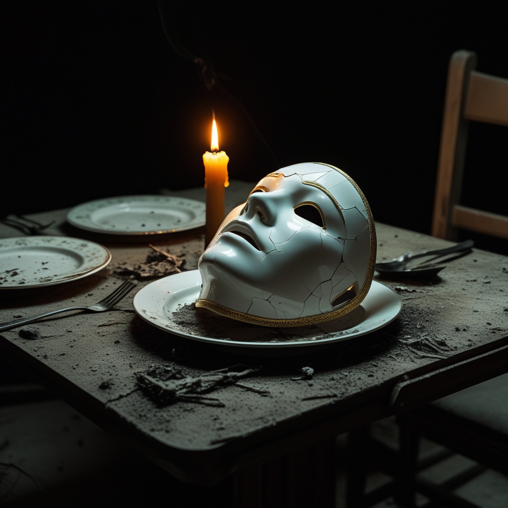 A cracked porcelain mask served on a dusty plate