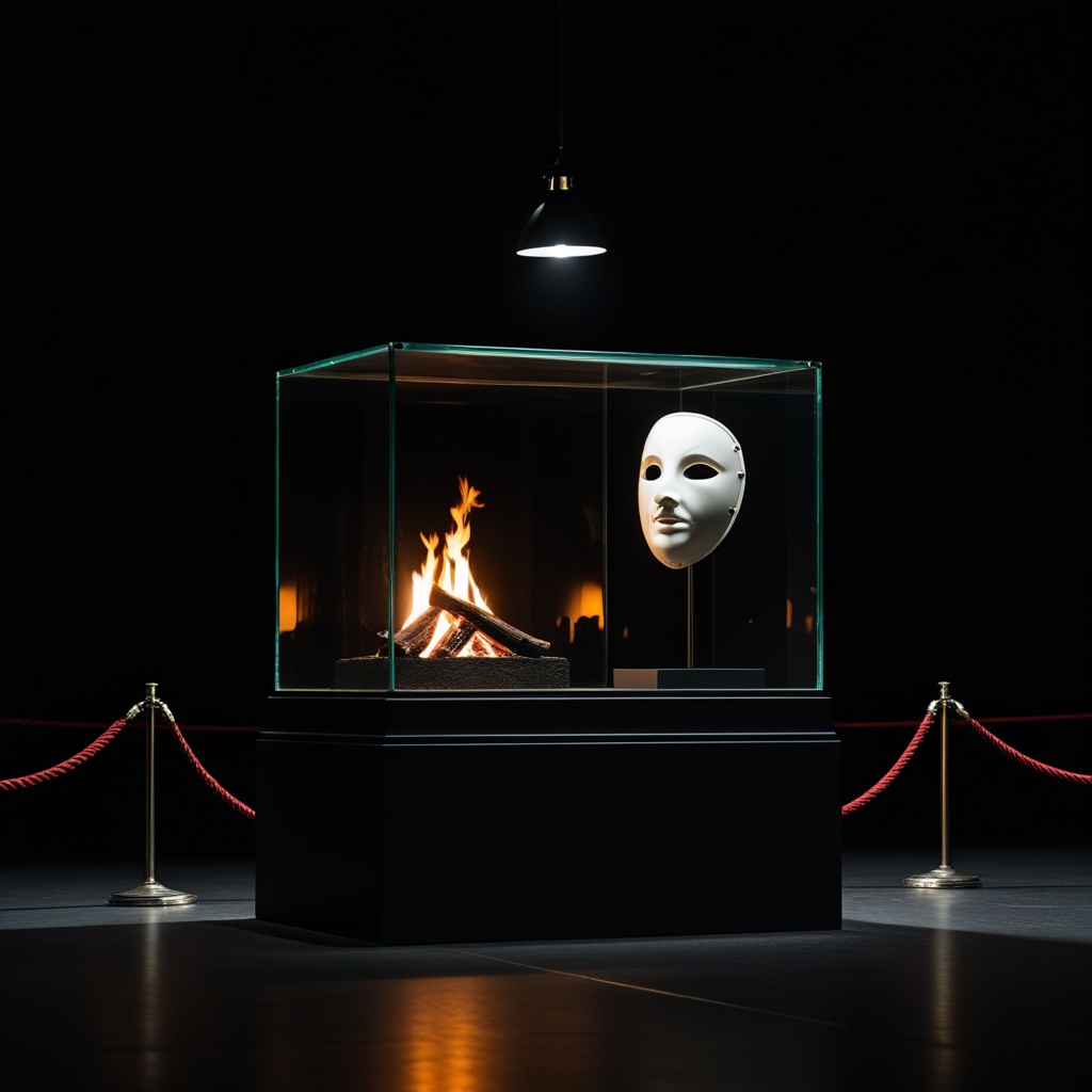 A hearth and porcelain mask inside a roped-off museum case