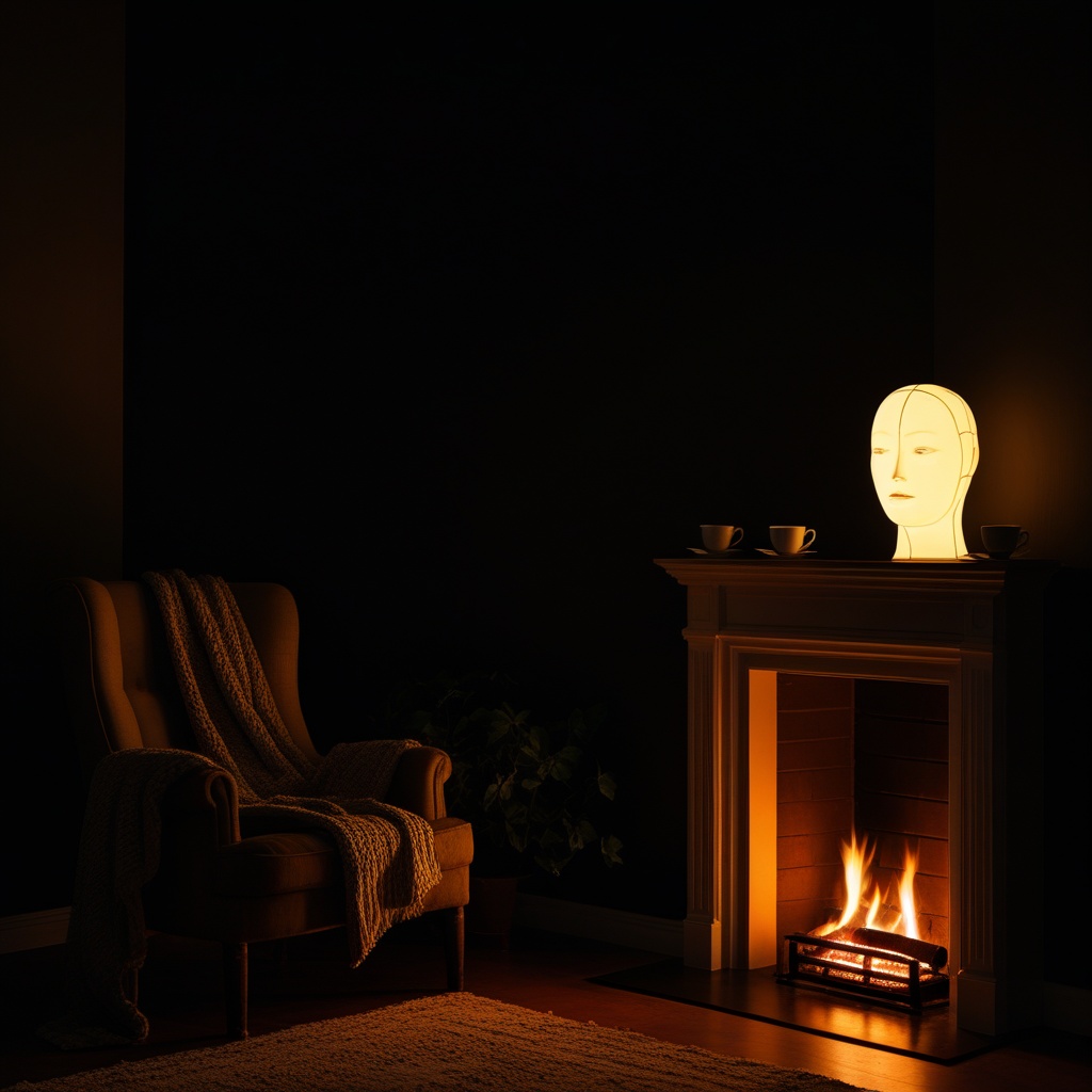 A porcelain face at home on a firelit mantelpiece