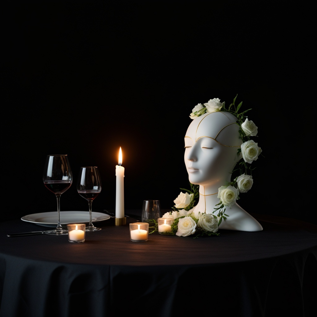 A garlanded porcelain face at a candlelit family table